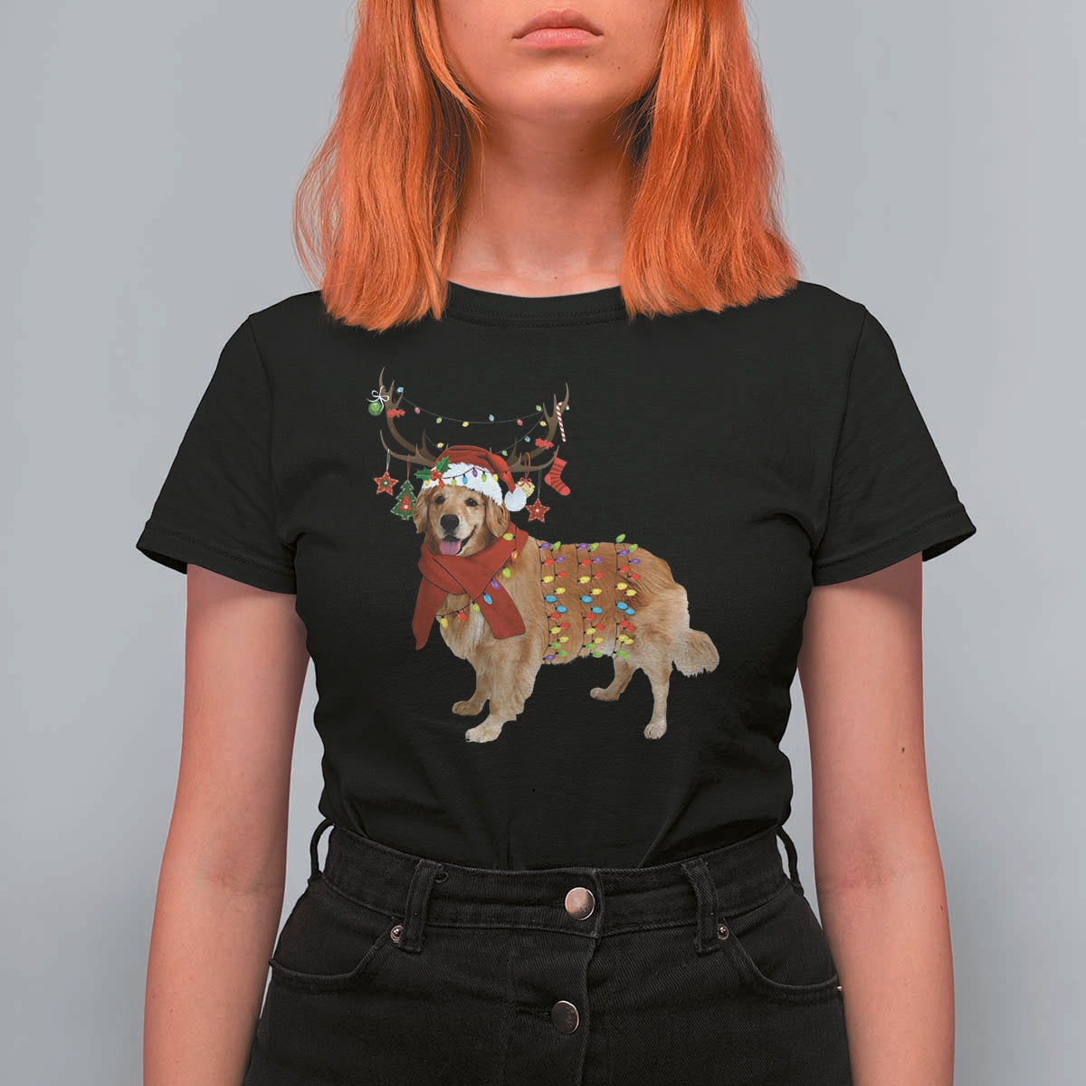 Golden Retriever Christmas T Shirt For Women Gift for Dog Lover Happy New Year Xmas Lights - Wonder Print Shop