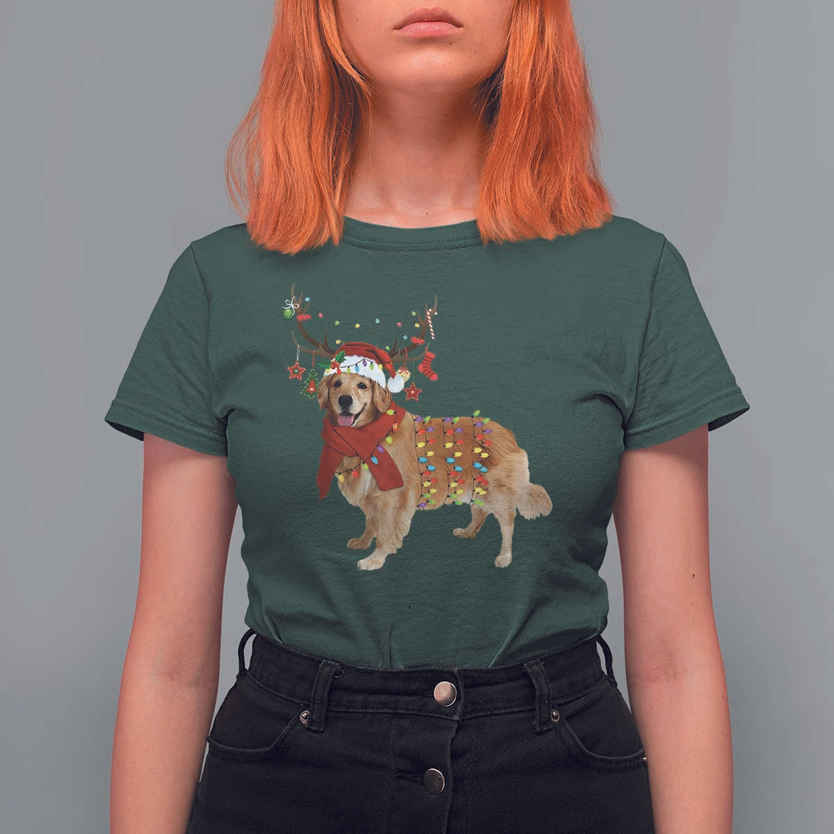 Golden Retriever Christmas T Shirt For Women Gift for Dog Lover Happy New Year Xmas Lights - Wonder Print Shop