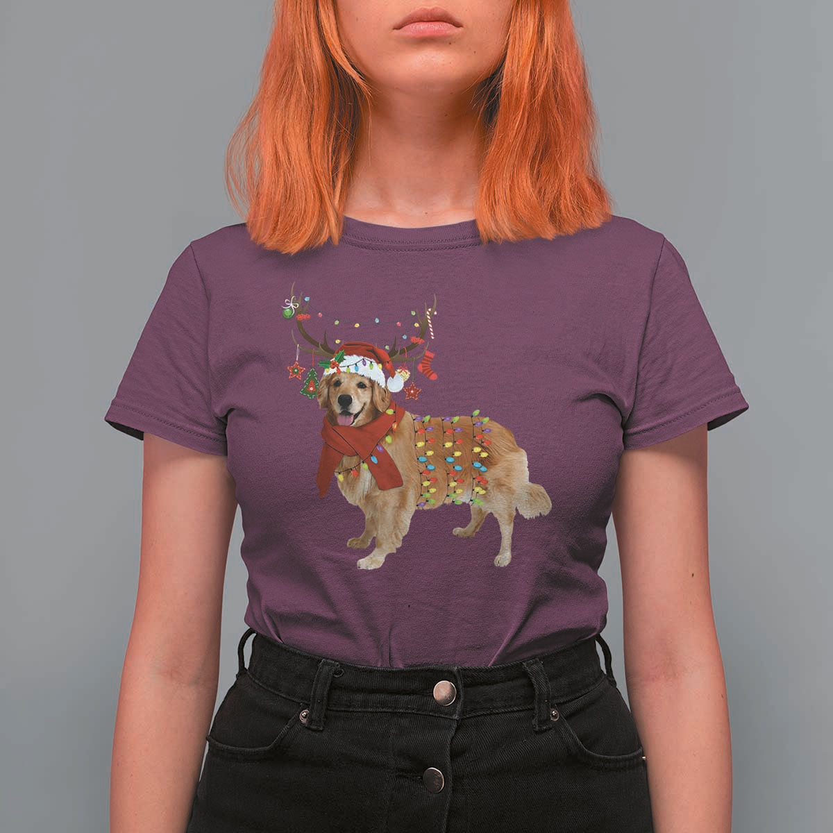 Golden Retriever Christmas T Shirt For Women Gift for Dog Lover Happy New Year Xmas Lights - Wonder Print Shop