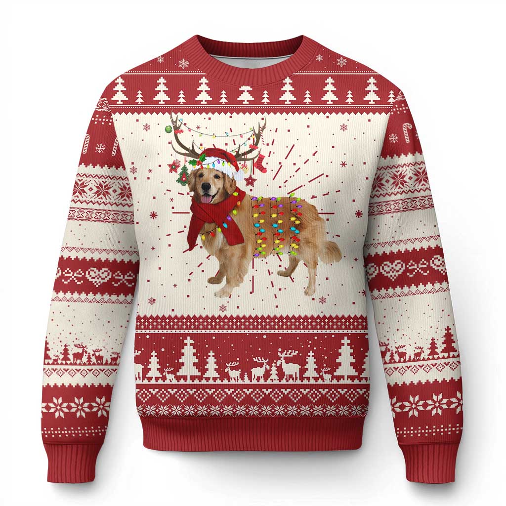 Golden Retriever Ugly Christmas Sweater Gift for Dog Lover Happy New Year Xmas Lights - Wonder Print Shop