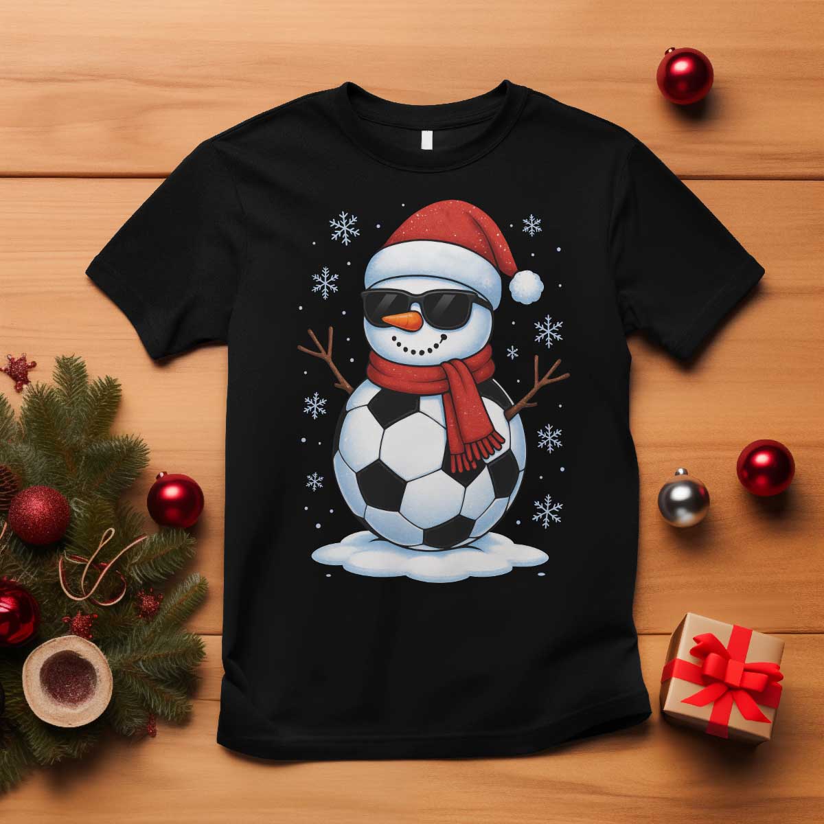 Christmas Soccer Snowman T Shirt Snowflakes Holiday Sports Xmas Pajamas Red Santa Hat - Wonder Print Shop