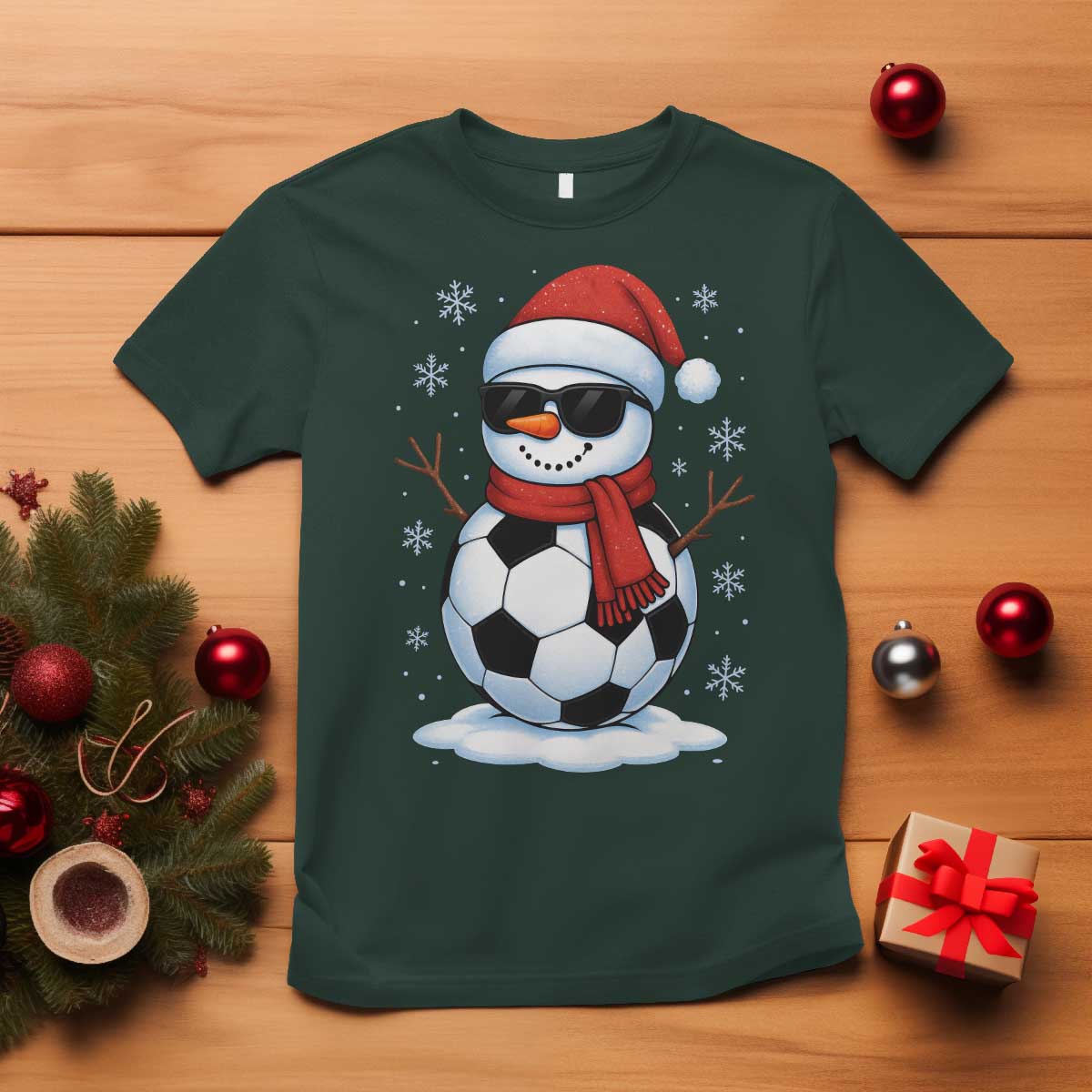 Christmas Soccer Snowman T Shirt Snowflakes Holiday Sports Xmas Pajamas Red Santa Hat - Wonder Print Shop