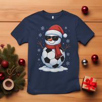 Christmas Soccer Snowman T Shirt Snowflakes Holiday Sports Xmas Pajamas Red Santa Hat - Wonder Print Shop