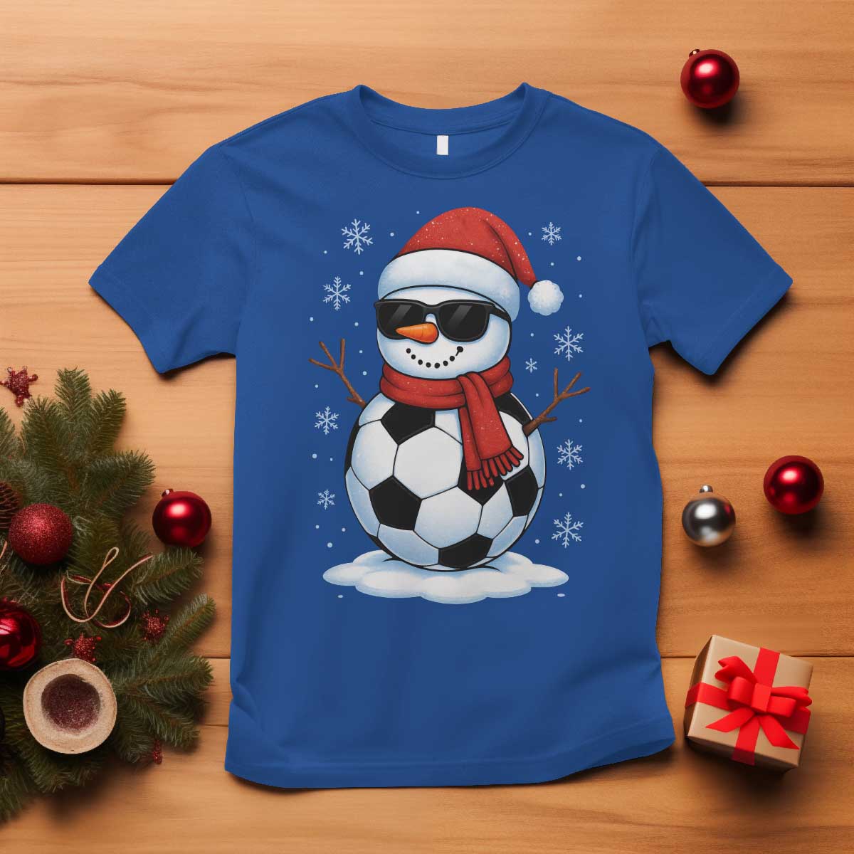 Christmas Soccer Snowman T Shirt Snowflakes Holiday Sports Xmas Pajamas Red Santa Hat - Wonder Print Shop