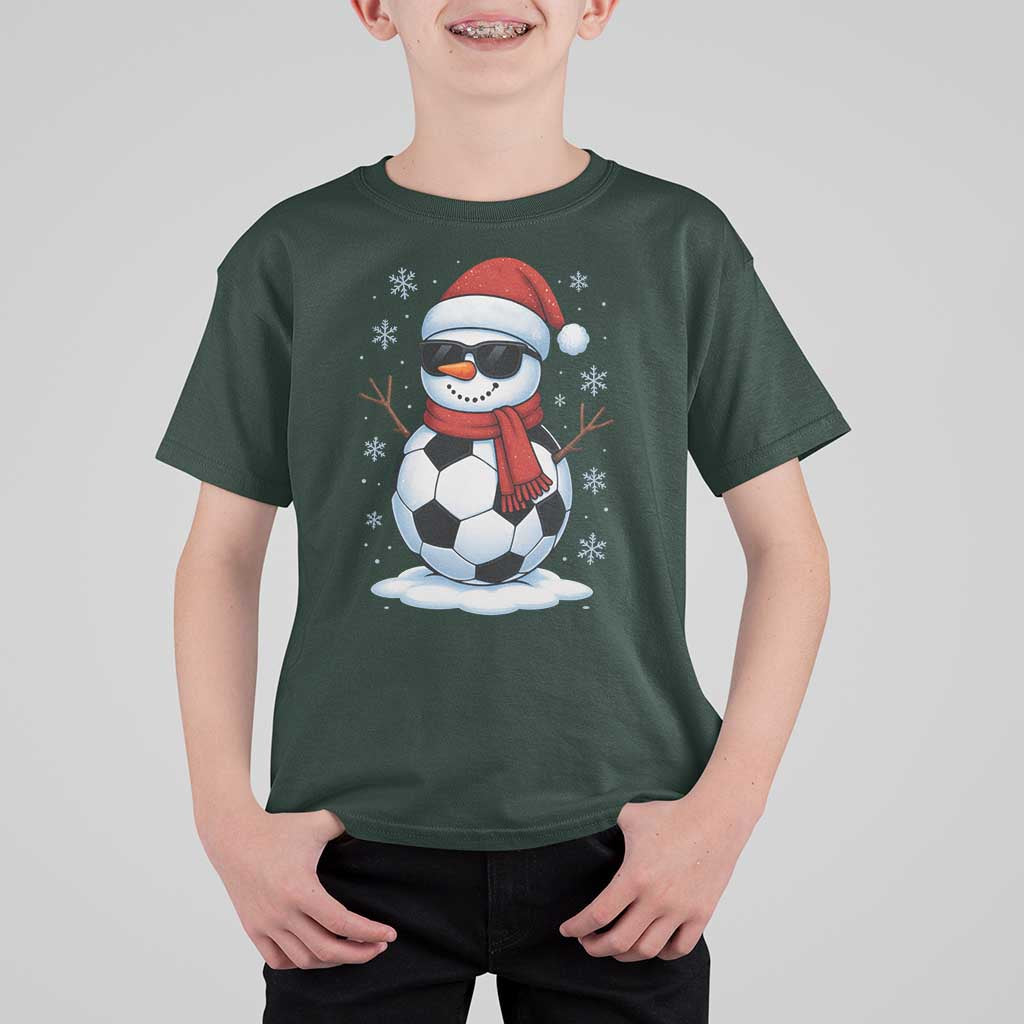 Christmas Soccer Snowman T Shirt For Kid Snowflakes Holiday Sports Xmas Pajamas Red Santa Hat - Wonder Print Shop