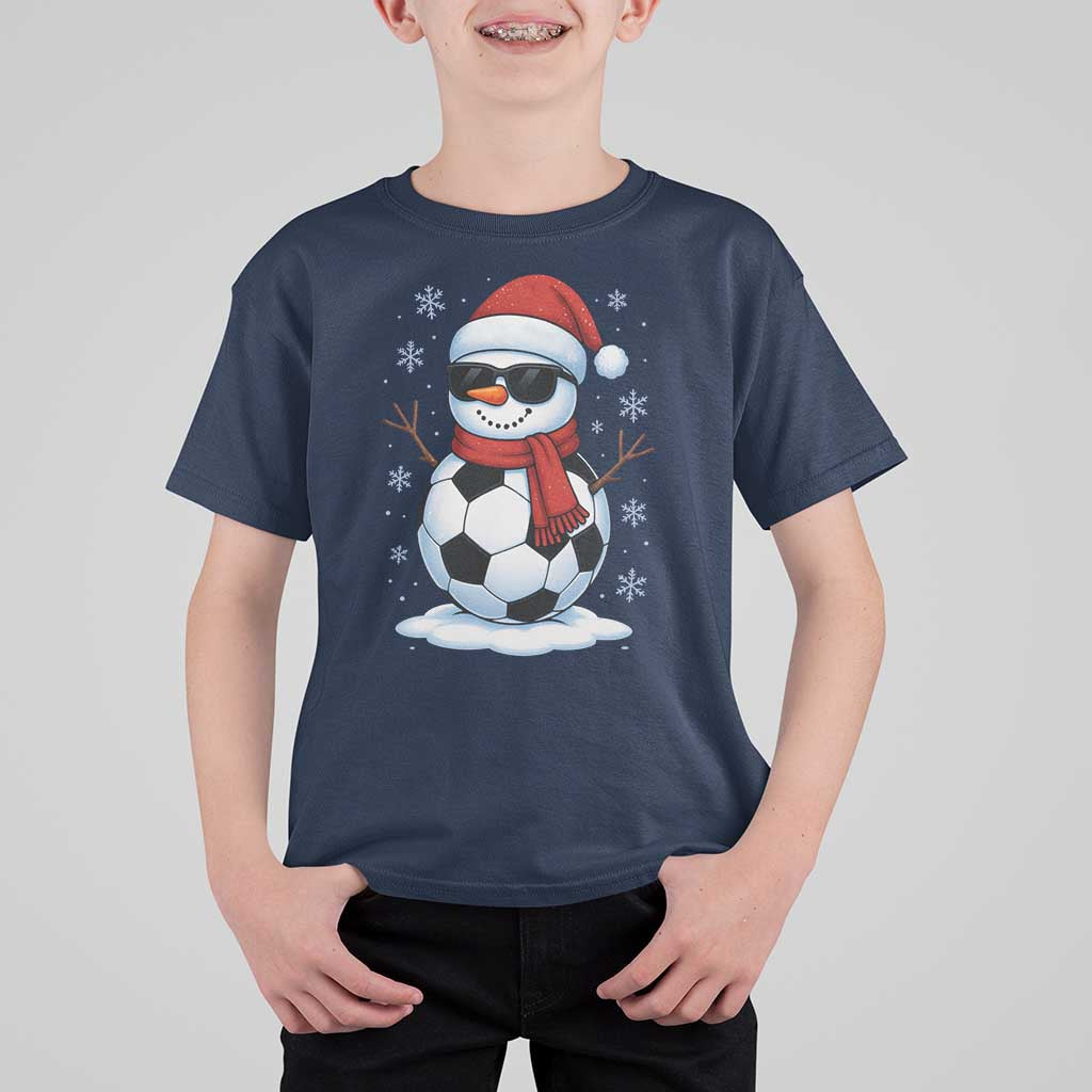 Christmas Soccer Snowman T Shirt For Kid Snowflakes Holiday Sports Xmas Pajamas Red Santa Hat - Wonder Print Shop
