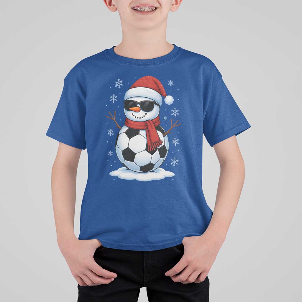 Christmas Soccer Snowman T Shirt For Kid Snowflakes Holiday Sports Xmas Pajamas Red Santa Hat - Wonder Print Shop
