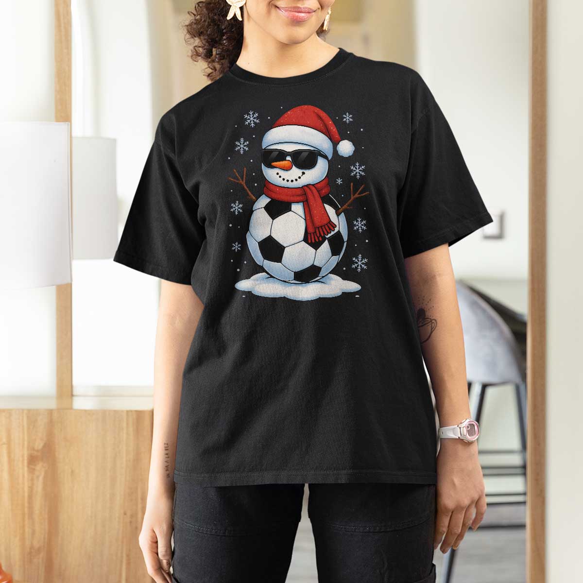 Christmas Soccer Snowman T Shirt For Women Snowflakes Holiday Sports Xmas Pajamas Red Santa Hat - Wonder Print Shop