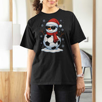 Christmas Soccer Snowman T Shirt For Women Snowflakes Holiday Sports Xmas Pajamas Red Santa Hat - Wonder Print Shop