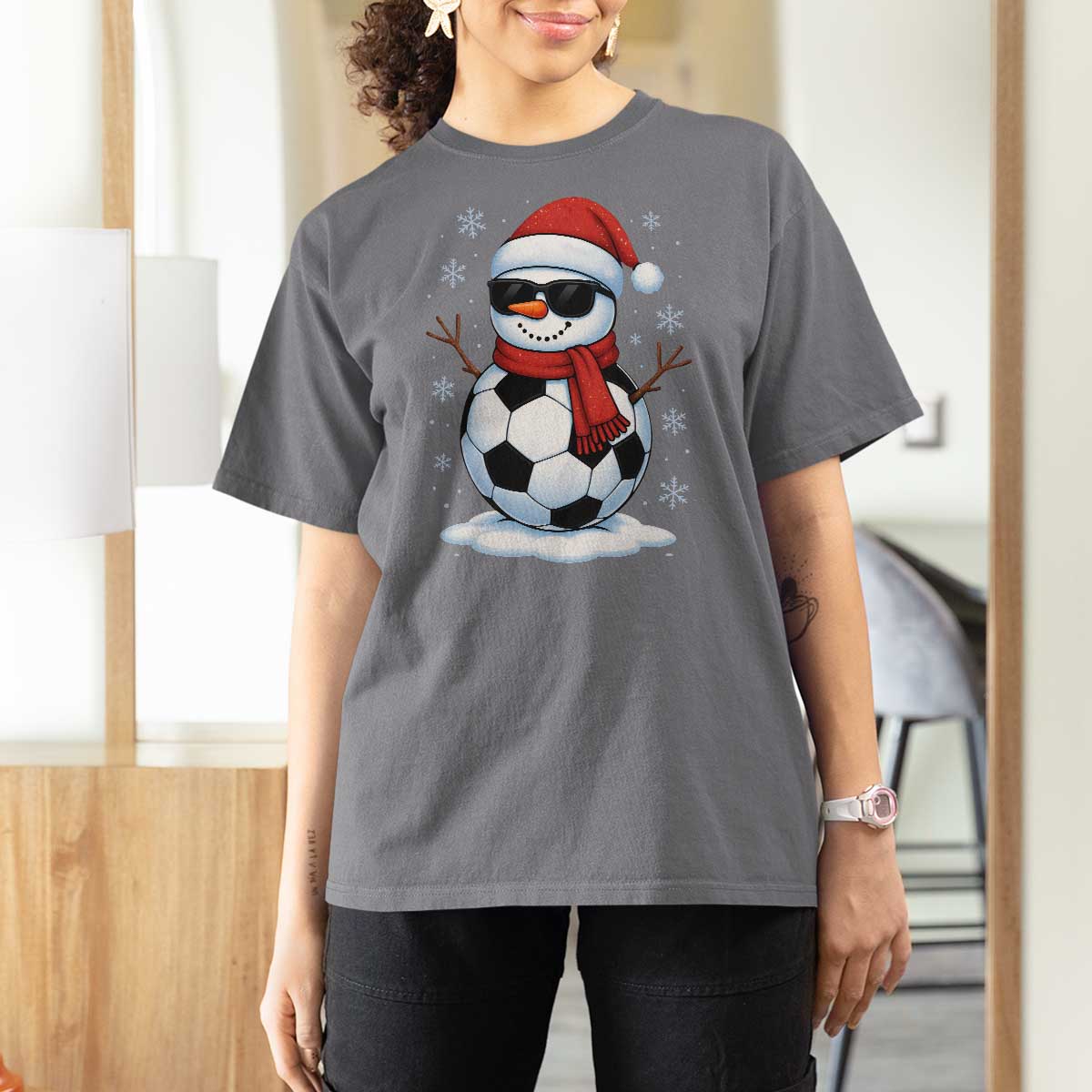 Christmas Soccer Snowman T Shirt For Women Snowflakes Holiday Sports Xmas Pajamas Red Santa Hat - Wonder Print Shop