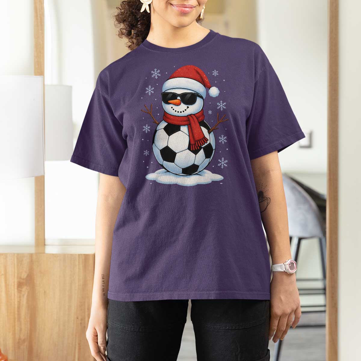 Christmas Soccer Snowman T Shirt For Women Snowflakes Holiday Sports Xmas Pajamas Red Santa Hat - Wonder Print Shop