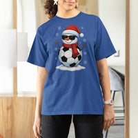 Christmas Soccer Snowman T Shirt For Women Snowflakes Holiday Sports Xmas Pajamas Red Santa Hat - Wonder Print Shop