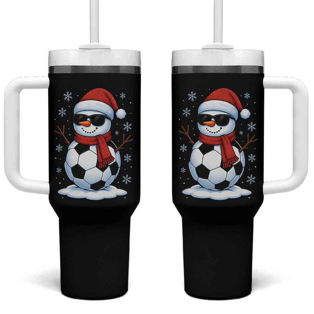 Christmas Soccer Snowman Tumbler With Handle Snowflakes Holiday Sports Xmas Pajamas Red Santa Hat - Wonder Print Shop