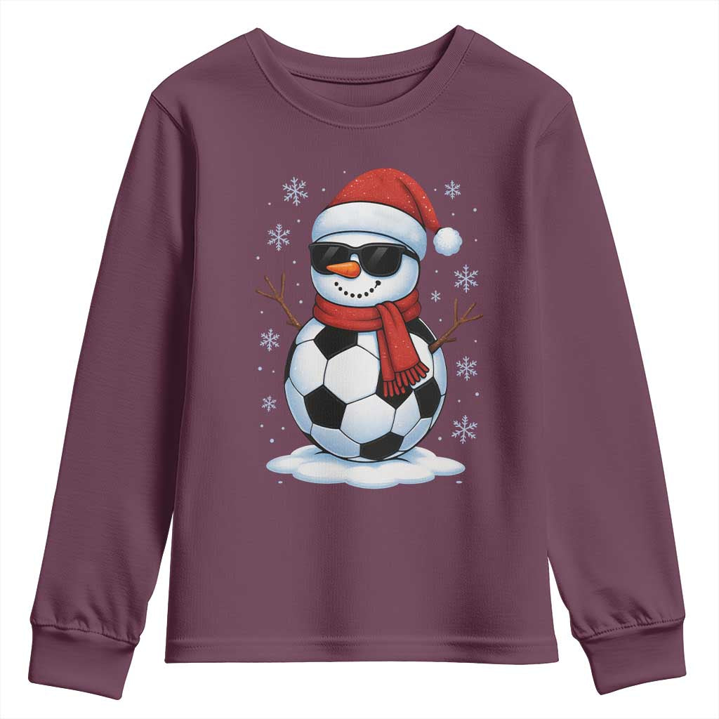 Christmas Soccer Snowman Youth Sweatshirt Snowflakes Holiday Sports Xmas Pajamas Red Santa Hat - Wonder Print Shop
