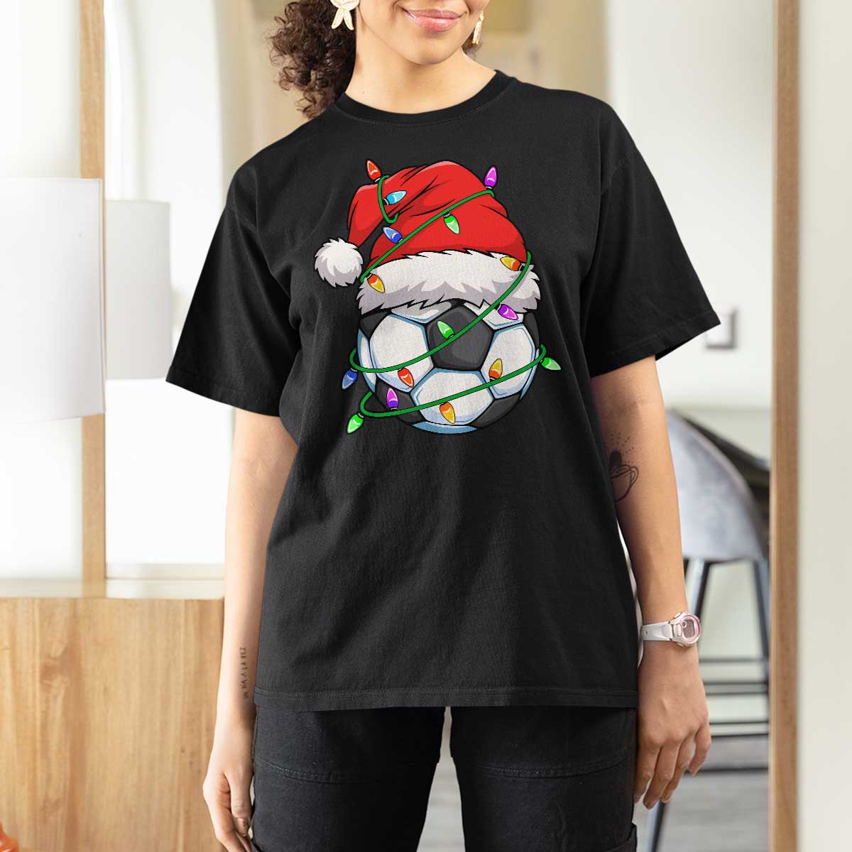 Soccer Christmas T Shirt For Women Santa Hat Sports Xmas Pajamas - Wonder Print Shop