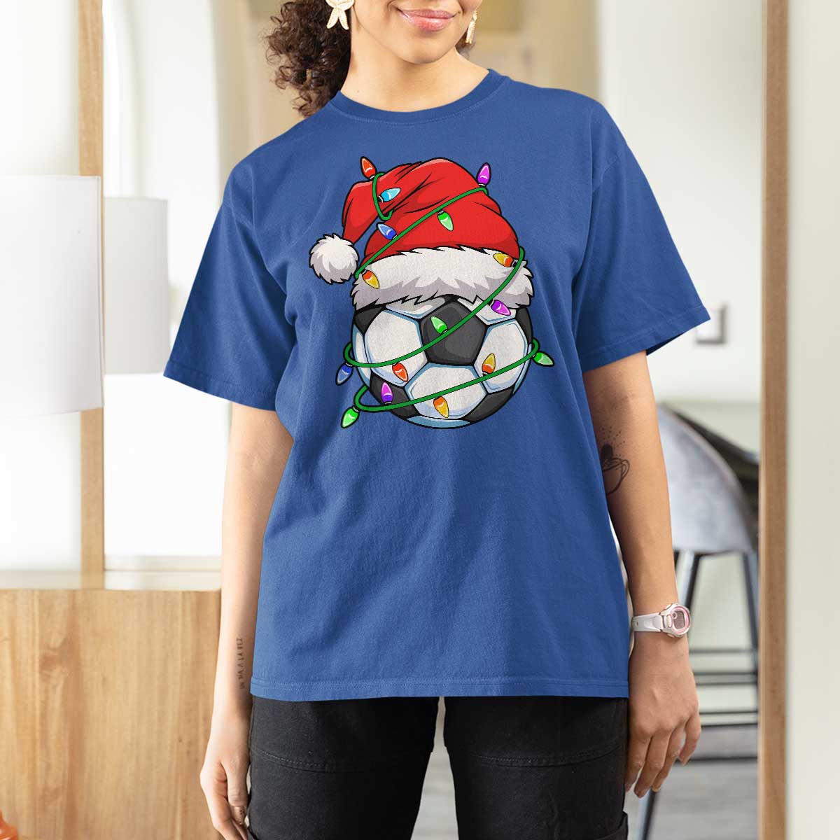 Soccer Christmas T Shirt For Women Santa Hat Sports Xmas Pajamas - Wonder Print Shop