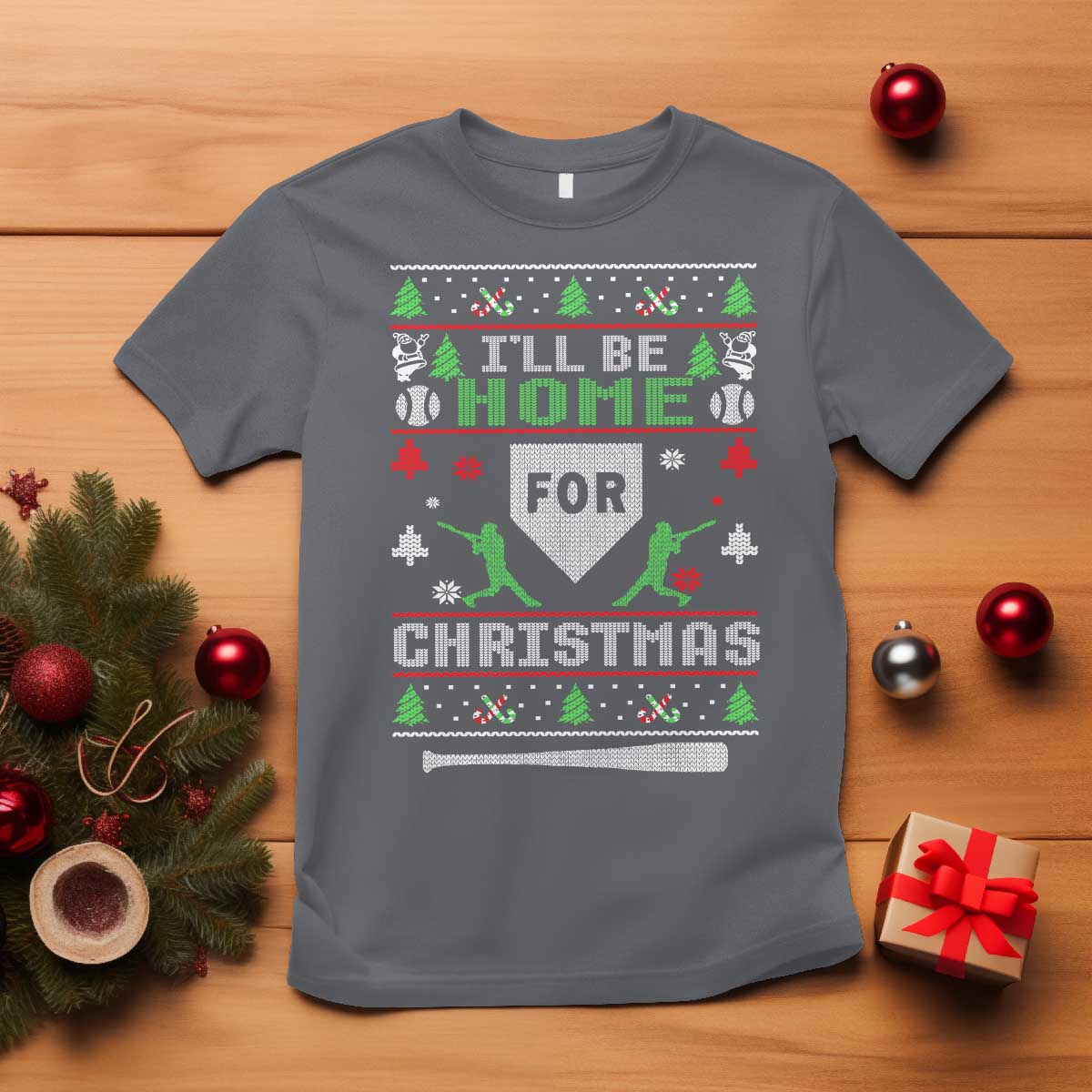 Baseball Ugly Christmas T Shirt I'll Be Home For Xmas - Wonder Print Shop