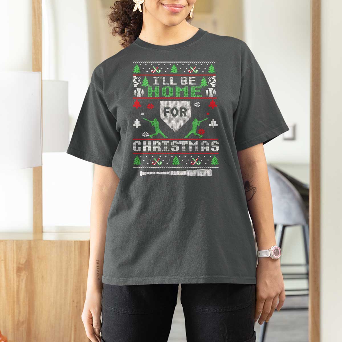Baseball Ugly Christmas T Shirt For Women I'll Be Home For Xmas - Wonder Print Shop