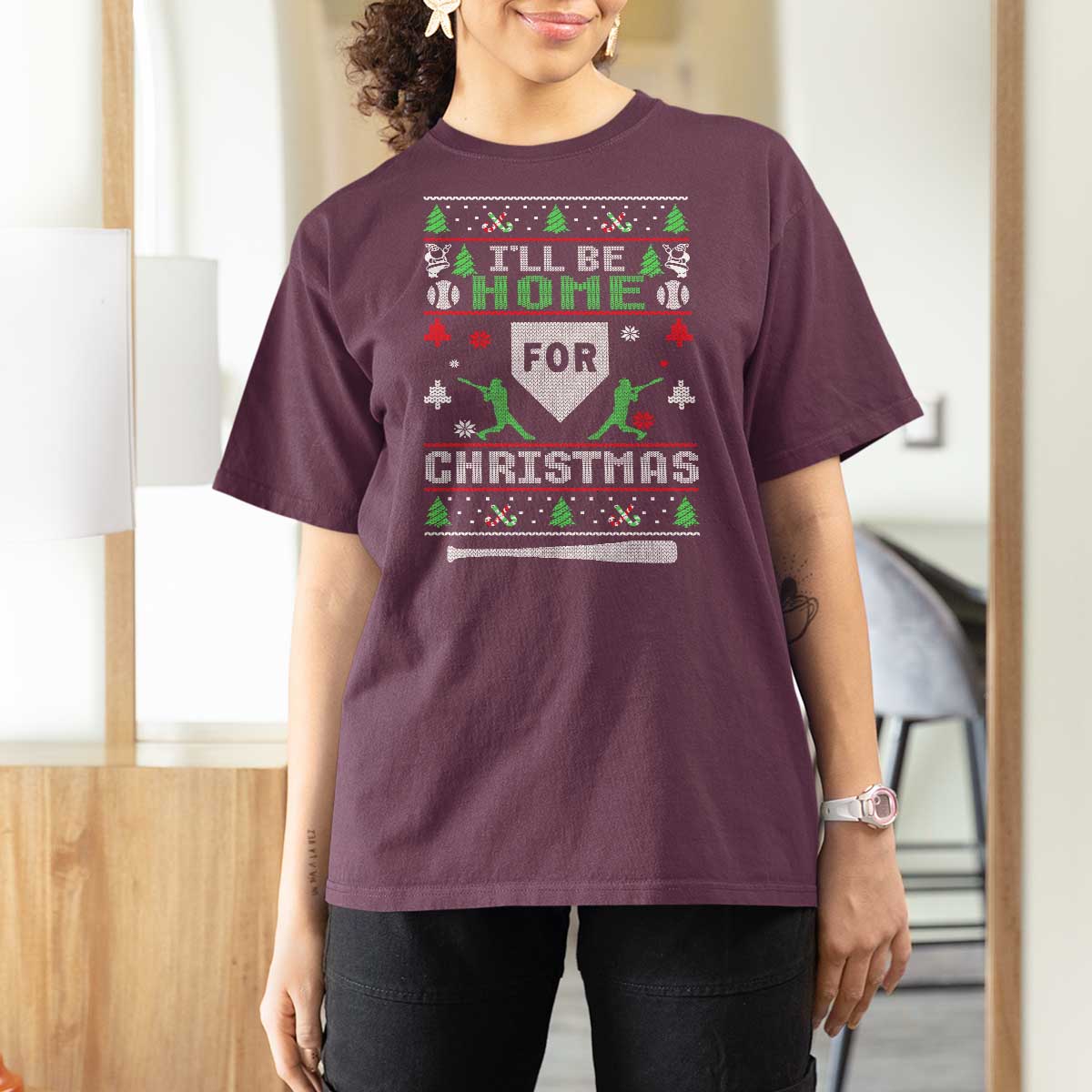 Baseball Ugly Christmas T Shirt For Women I'll Be Home For Xmas - Wonder Print Shop