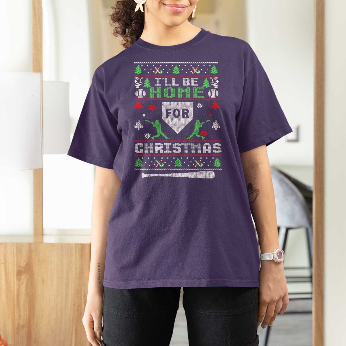 Baseball Ugly Christmas T Shirt For Women I'll Be Home For Xmas - Wonder Print Shop