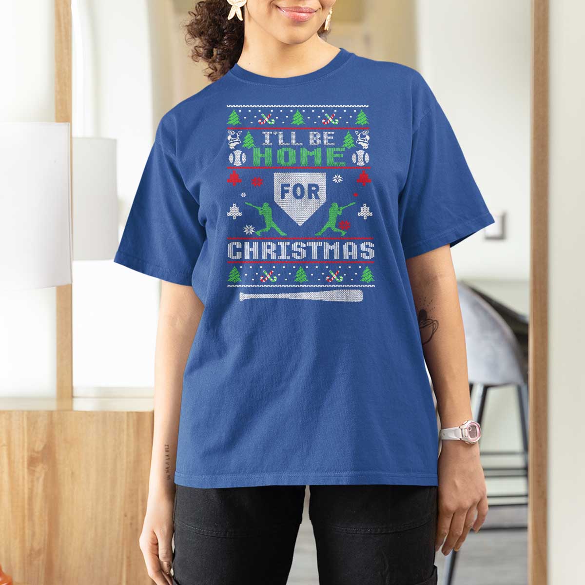 Baseball Ugly Christmas T Shirt For Women I'll Be Home For Xmas - Wonder Print Shop