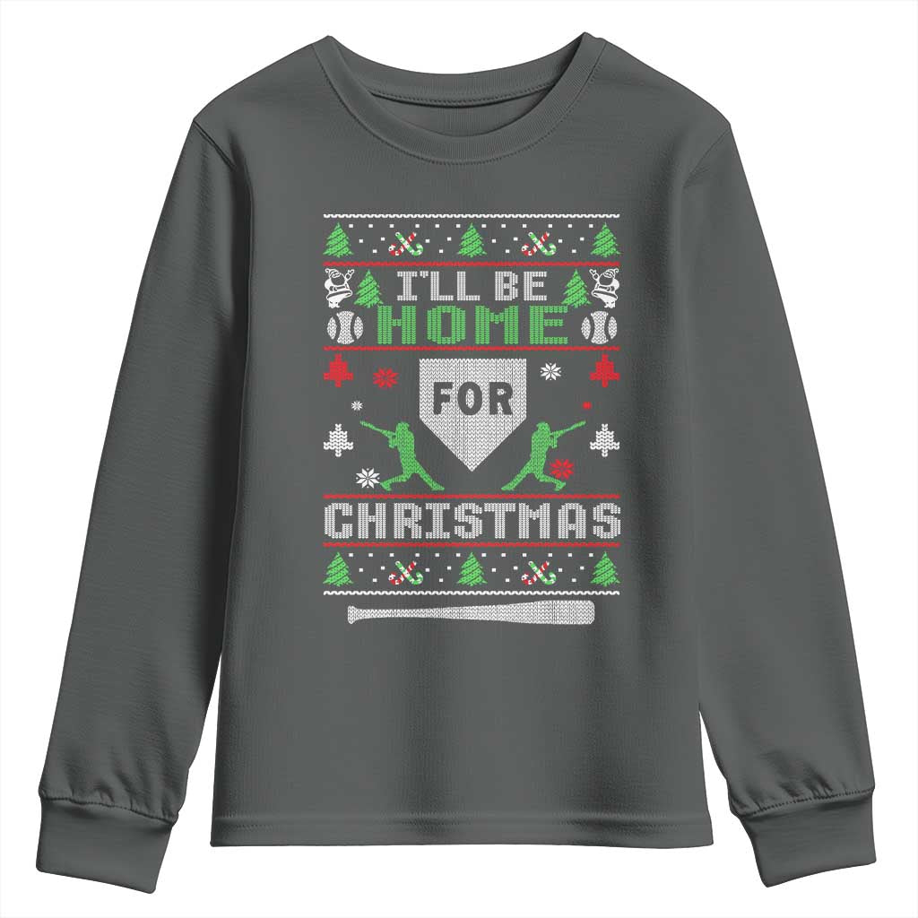 Baseball Ugly Christmas Youth Sweatshirt I'll Be Home For Xmas - Wonder Print Shop
