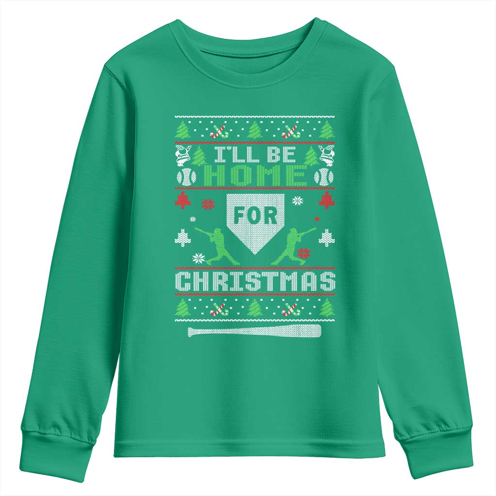 Baseball Ugly Christmas Youth Sweatshirt I'll Be Home For Xmas - Wonder Print Shop