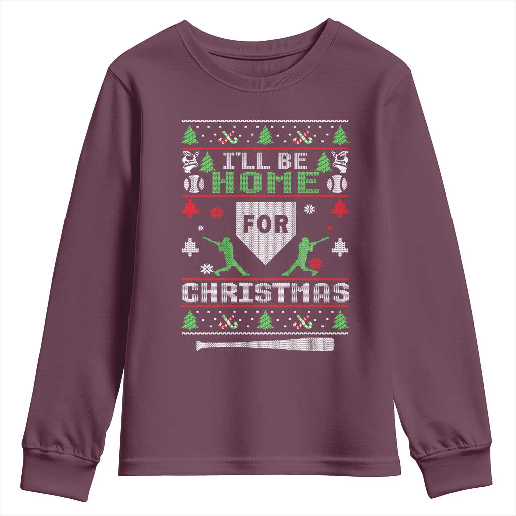 Baseball Ugly Christmas Youth Sweatshirt I'll Be Home For Xmas - Wonder Print Shop