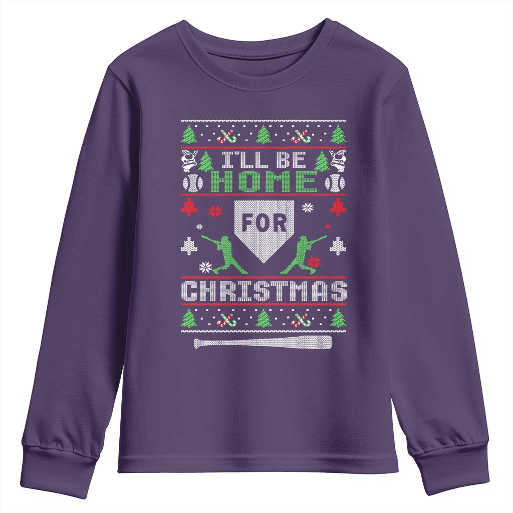 Baseball Ugly Christmas Youth Sweatshirt I'll Be Home For Xmas - Wonder Print Shop