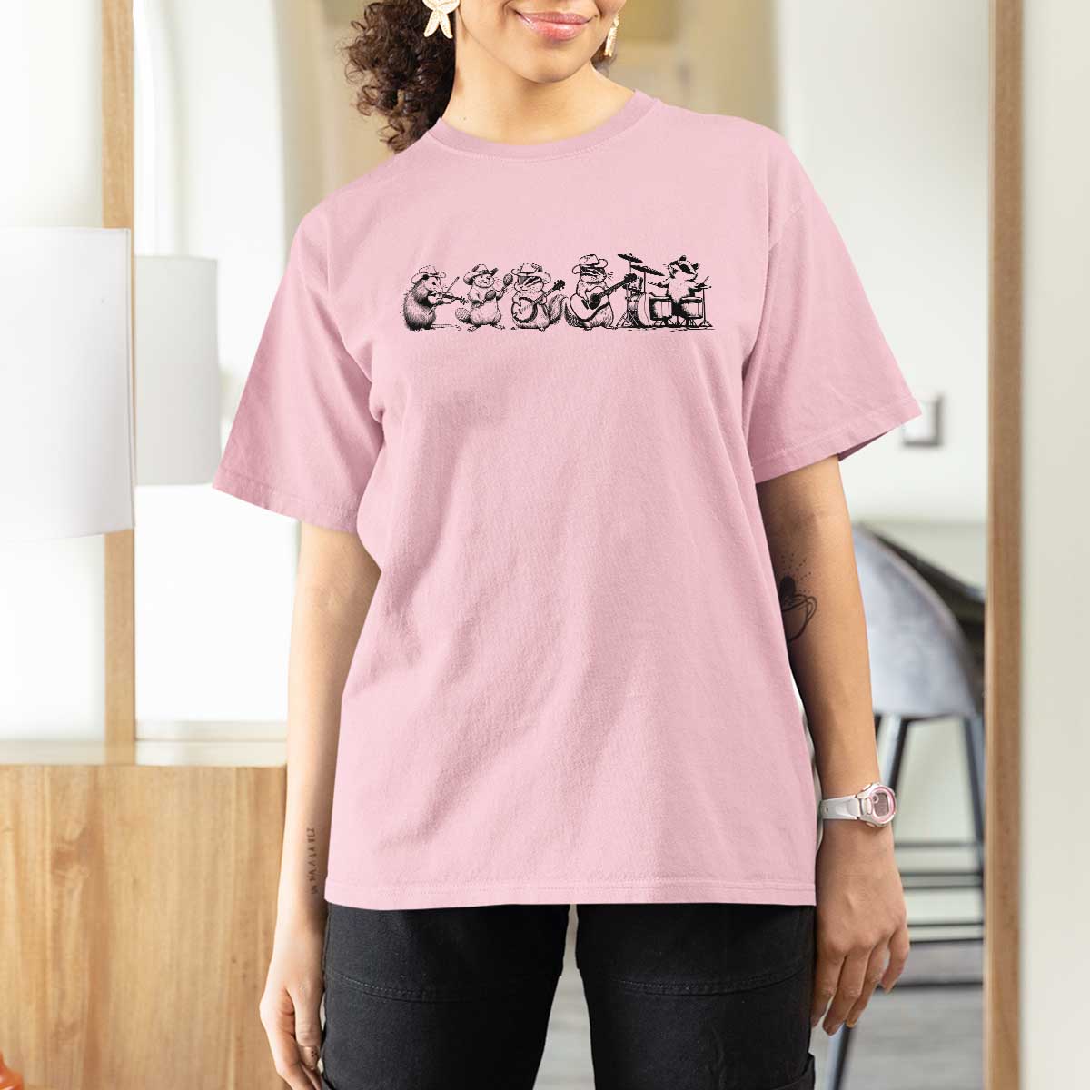 Animal Band T Shirt For Women Funny Forest Animals Playing Instruments Vintage Music Lovers - Wonder Print Shop