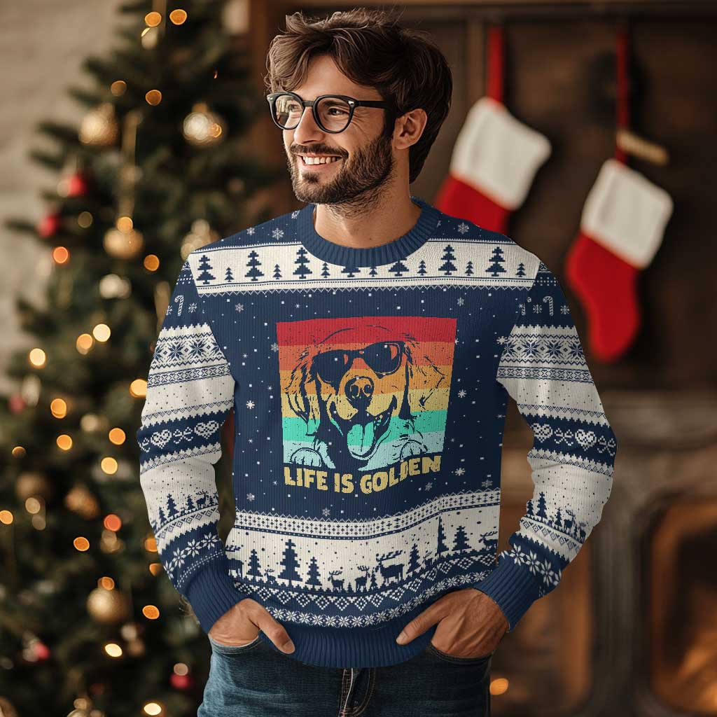Golden Retriever Dog Ugly Christmas Sweater Life is Golden Retro Vintage - Wonder Print Shop