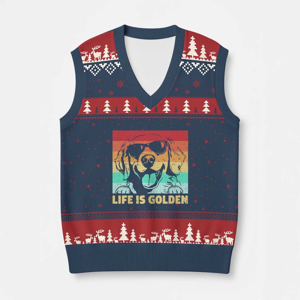 Golden Retriever Dog V-Neck Knit Sweater Vest Life is Golden Retro Vintage - Wonder Print Shop
