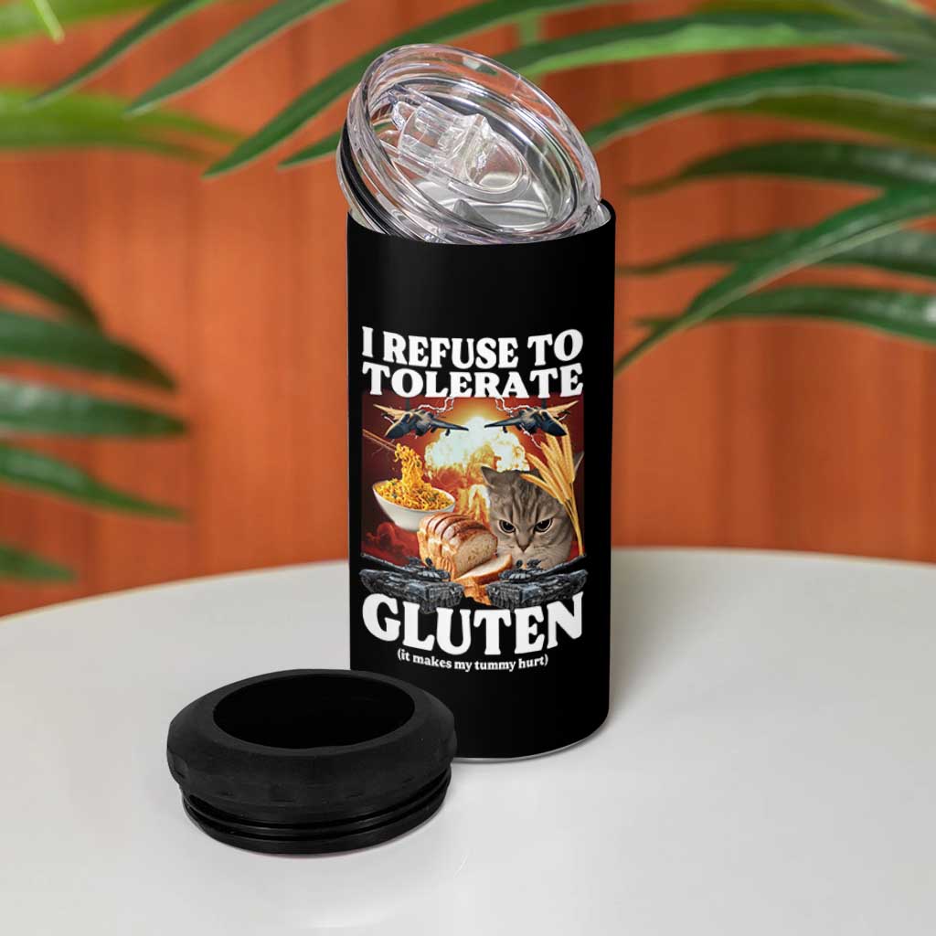 Gluten Intolerance Cat Meme 4 in 1 Can Cooler Tumbler I Refuse To Tolerate Gluten