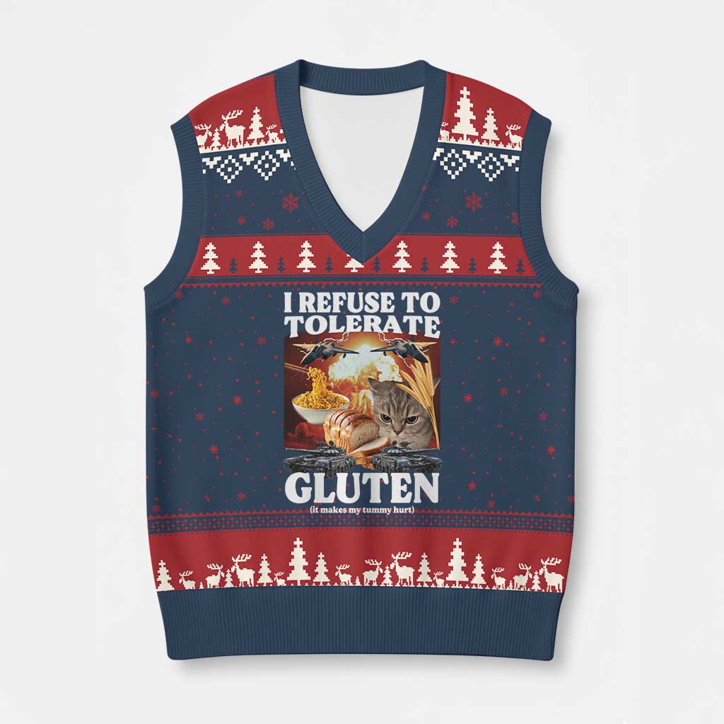 Gluten Intolerance Cat Meme V-Neck Knit Sweater Vest I Refuse To Tolerate Gluten
