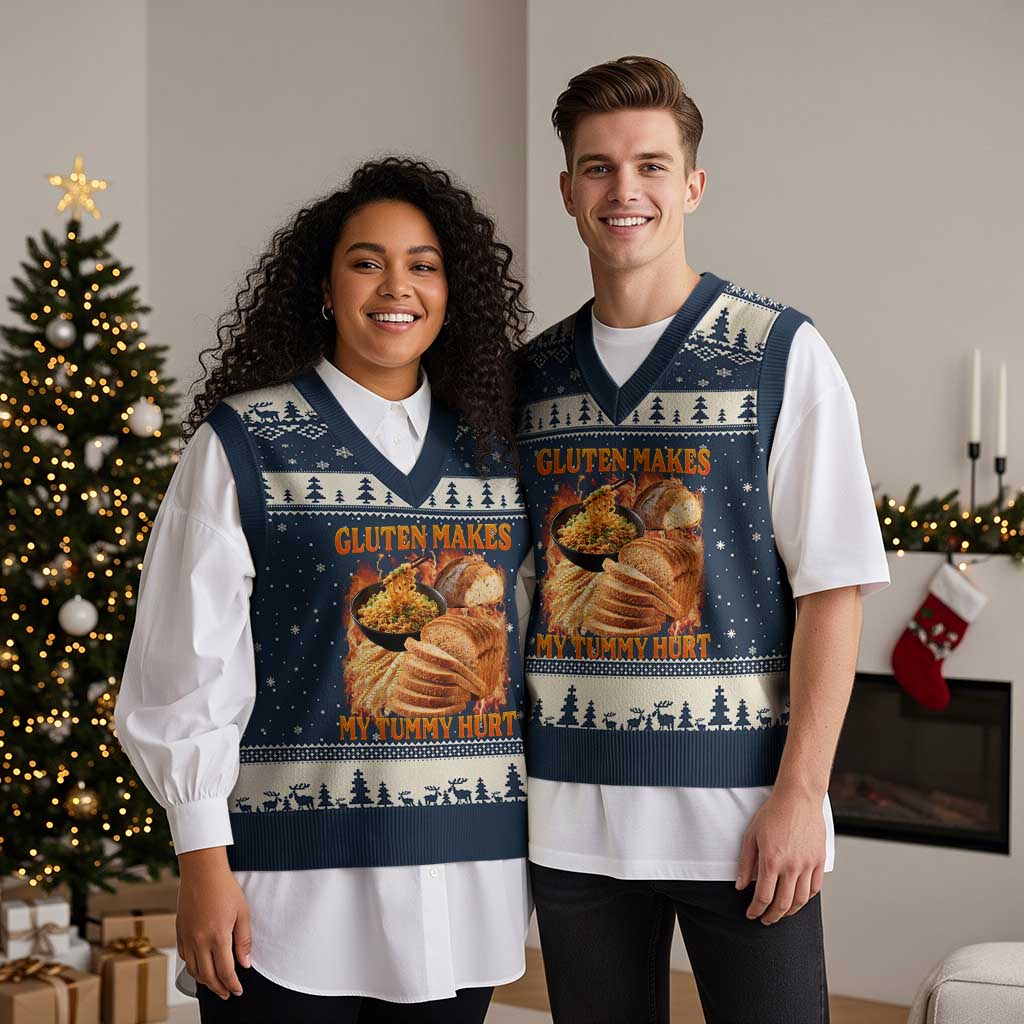 Funny Gluten Free V-Neck Knit Sweater Vest Gluten Makes My Tummy Hurt Vintage Bootleg Graphic