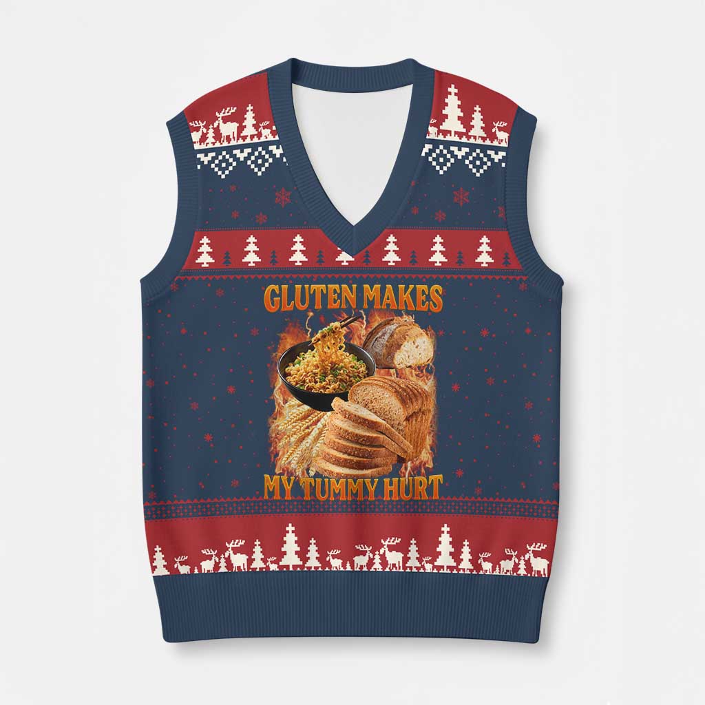 Funny Gluten Free V-Neck Knit Sweater Vest Gluten Makes My Tummy Hurt Vintage Bootleg Graphic