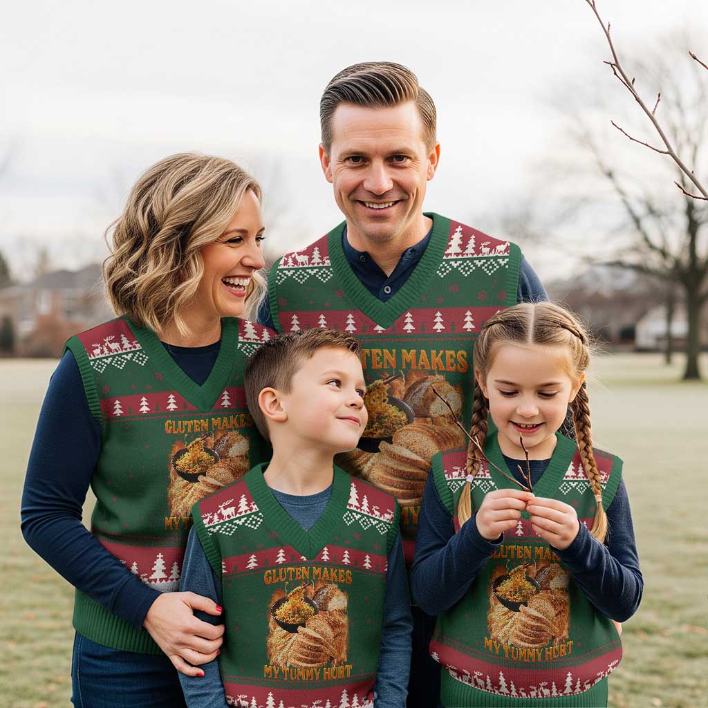 Funny Gluten Free V-Neck Knit Sweater Vest Gluten Makes My Tummy Hurt Vintage Bootleg Graphic