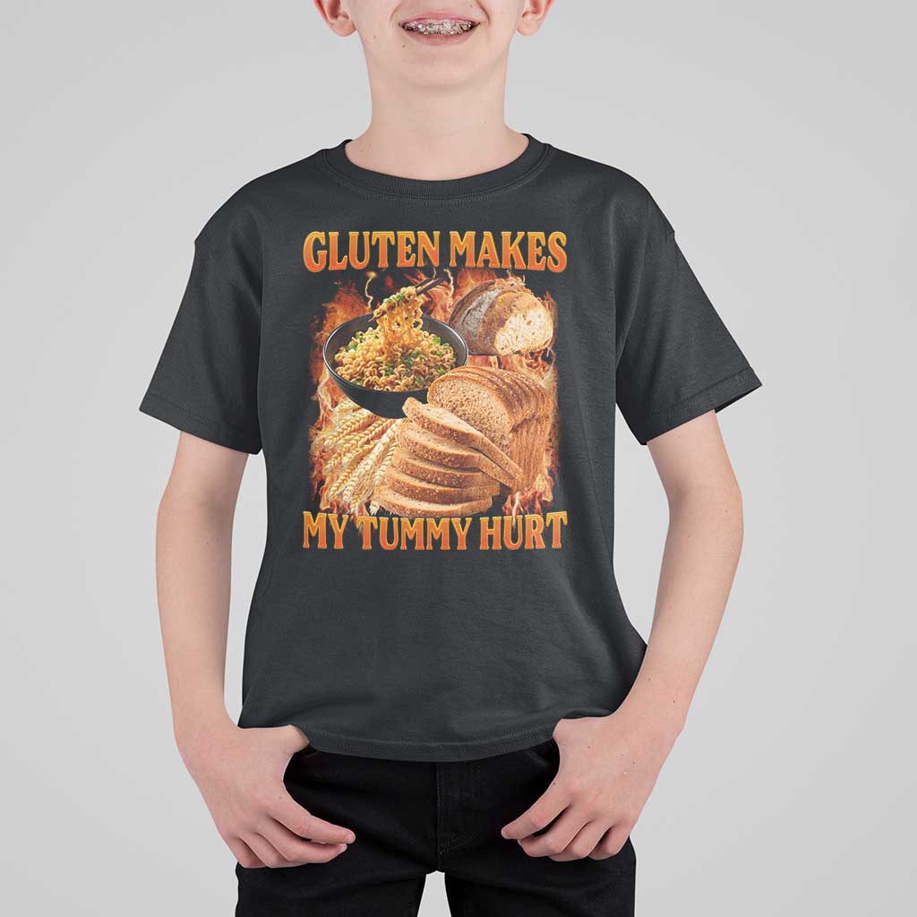 Funny Gluten Free T Shirt For Kid Gluten Makes My Tummy Hurt Vintage Bootleg Graphic