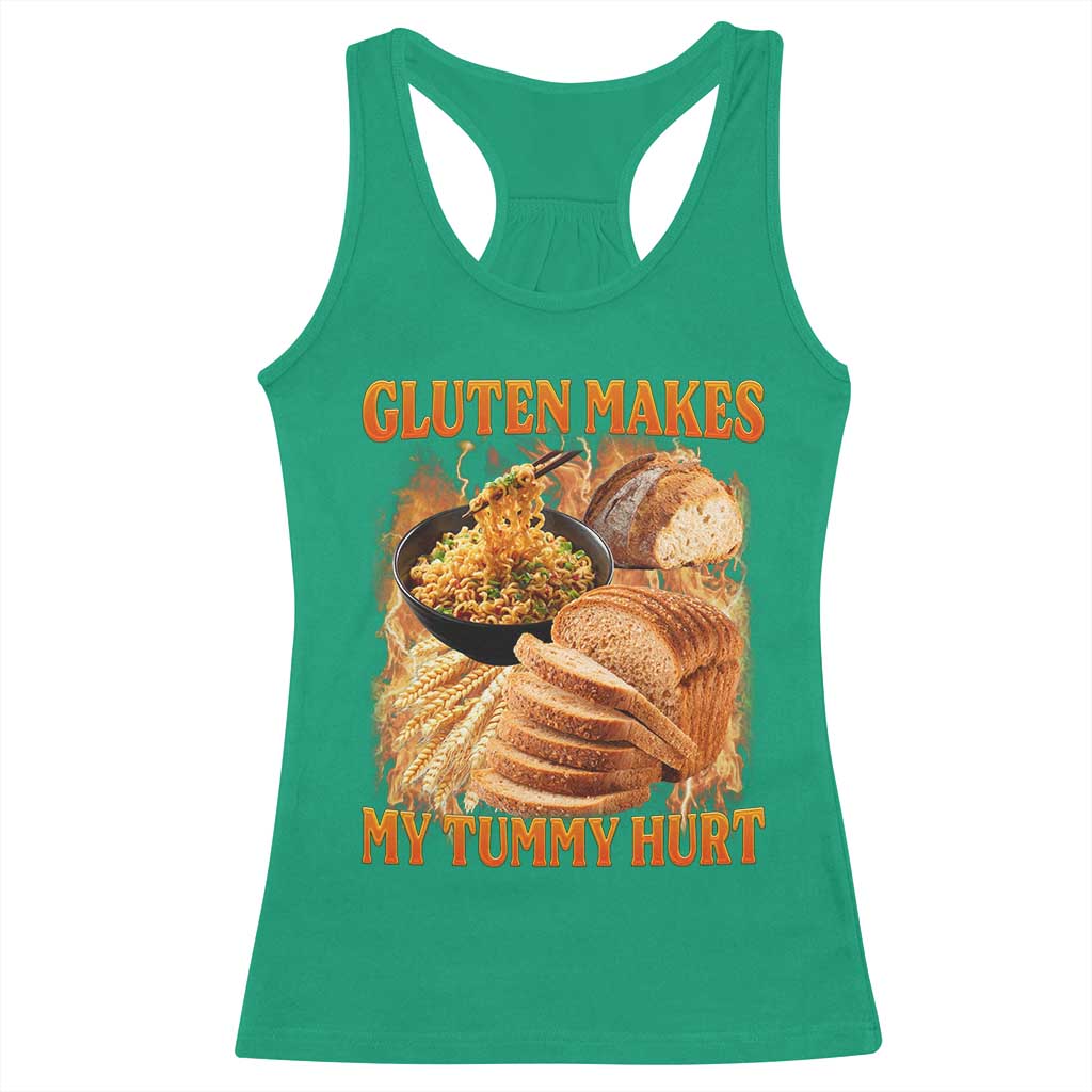 Funny Gluten Free Racerback Tank Top Gluten Makes My Tummy Hurt Vintage Bootleg Graphic