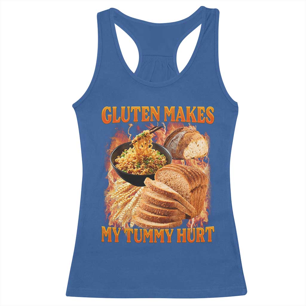 Funny Gluten Free Racerback Tank Top Gluten Makes My Tummy Hurt Vintage Bootleg Graphic