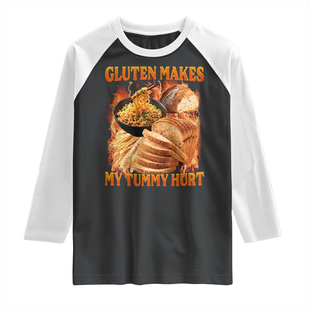 Funny Gluten Free Raglan Shirt Gluten Makes My Tummy Hurt Vintage Bootleg Graphic