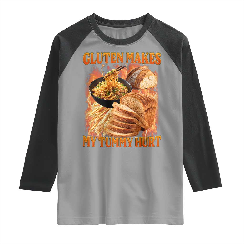 Funny Gluten Free Raglan Shirt Gluten Makes My Tummy Hurt Vintage Bootleg Graphic