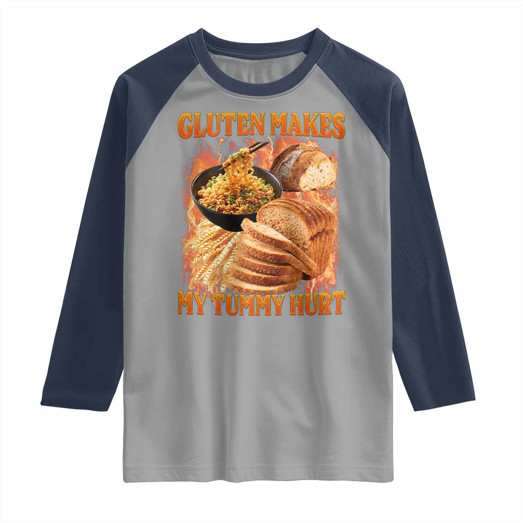 Funny Gluten Free Raglan Shirt Gluten Makes My Tummy Hurt Vintage Bootleg Graphic