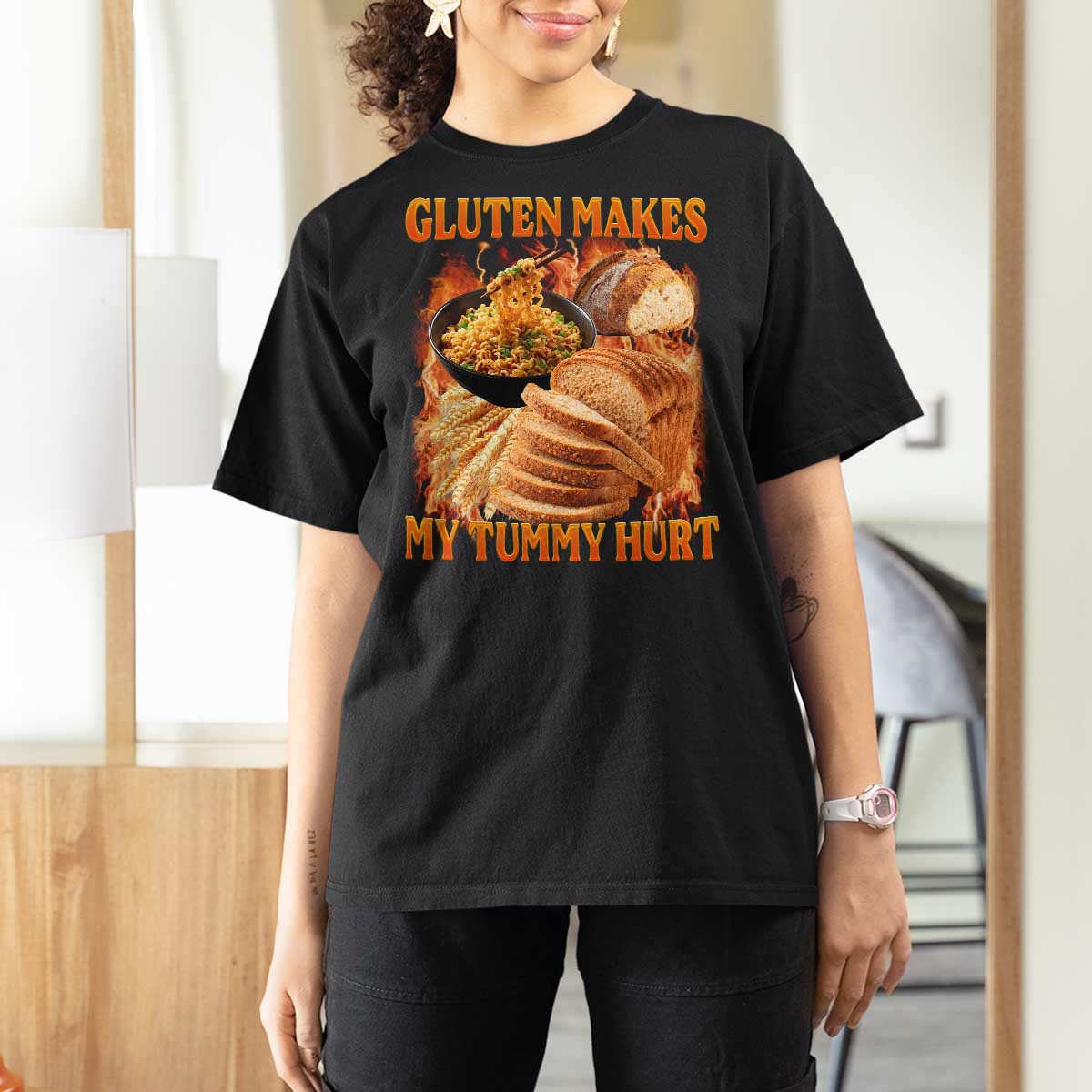 Funny Gluten Free T Shirt For Women Gluten Makes My Tummy Hurt Vintage Bootleg Graphic
