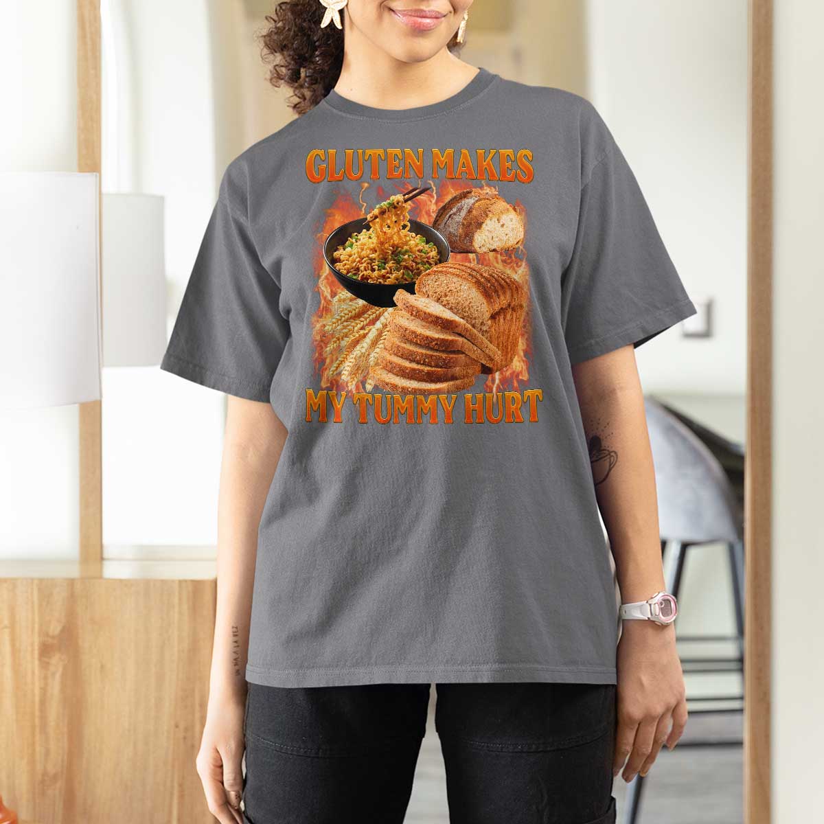Funny Gluten Free T Shirt For Women Gluten Makes My Tummy Hurt Vintage Bootleg Graphic