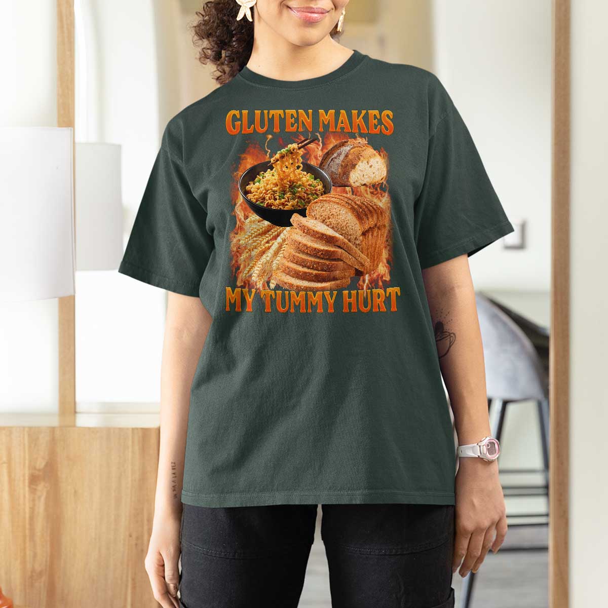 Funny Gluten Free T Shirt For Women Gluten Makes My Tummy Hurt Vintage Bootleg Graphic