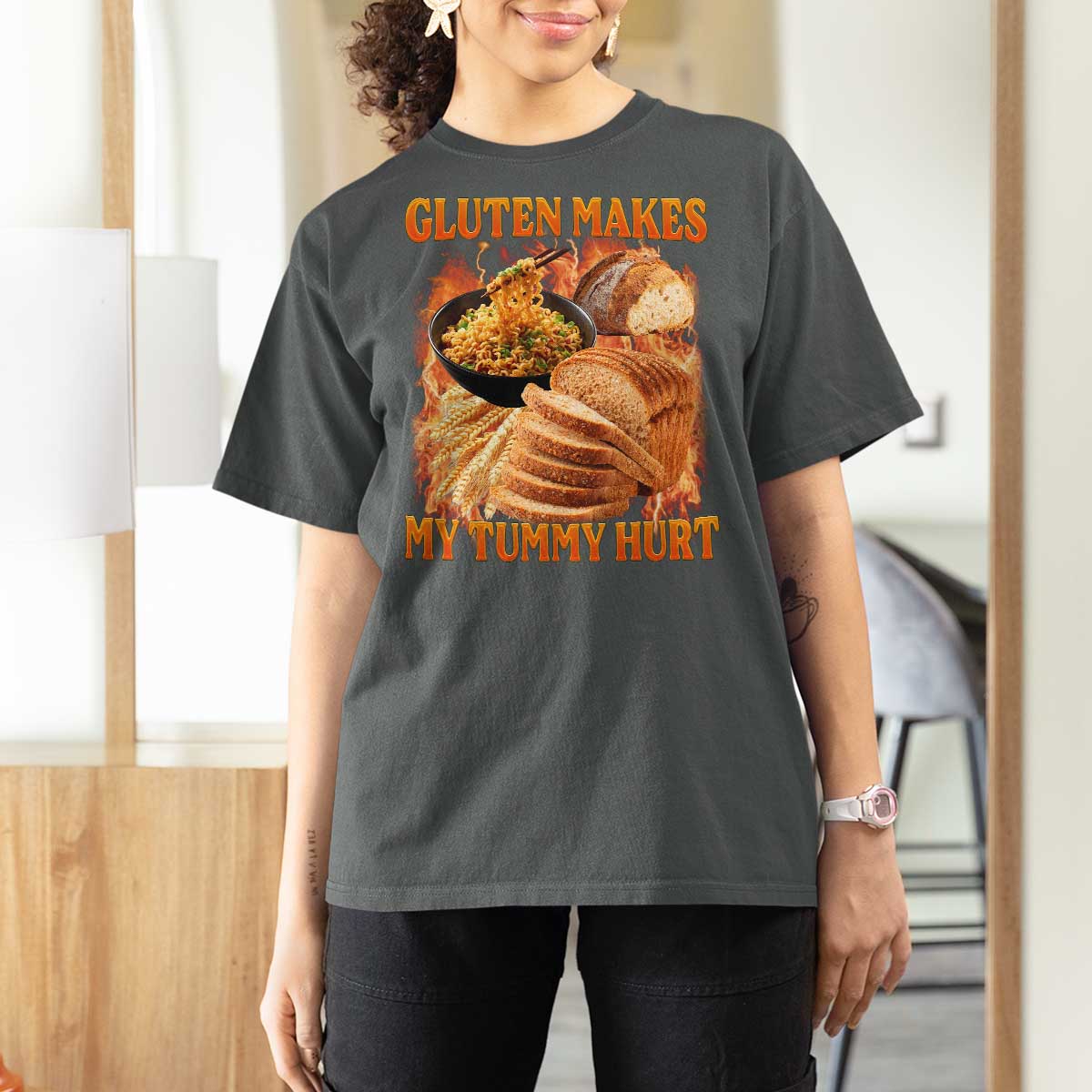Funny Gluten Free T Shirt For Women Gluten Makes My Tummy Hurt Vintage Bootleg Graphic