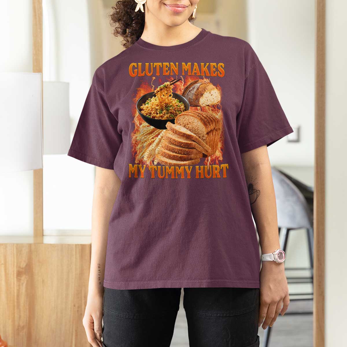 Funny Gluten Free T Shirt For Women Gluten Makes My Tummy Hurt Vintage Bootleg Graphic