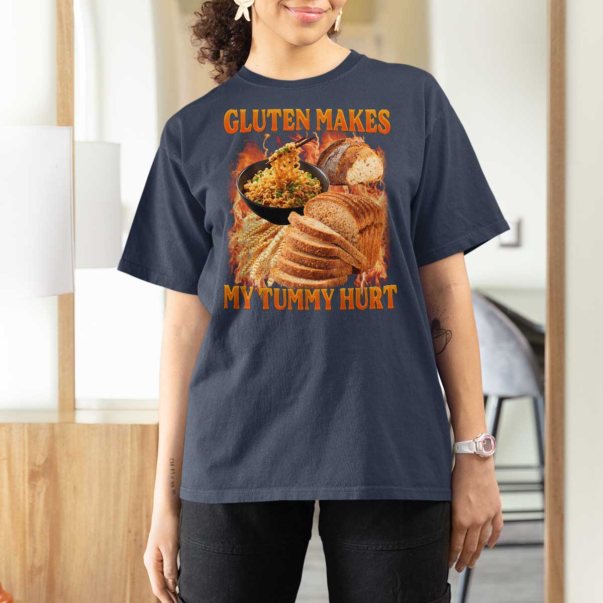 Funny Gluten Free T Shirt For Women Gluten Makes My Tummy Hurt Vintage Bootleg Graphic