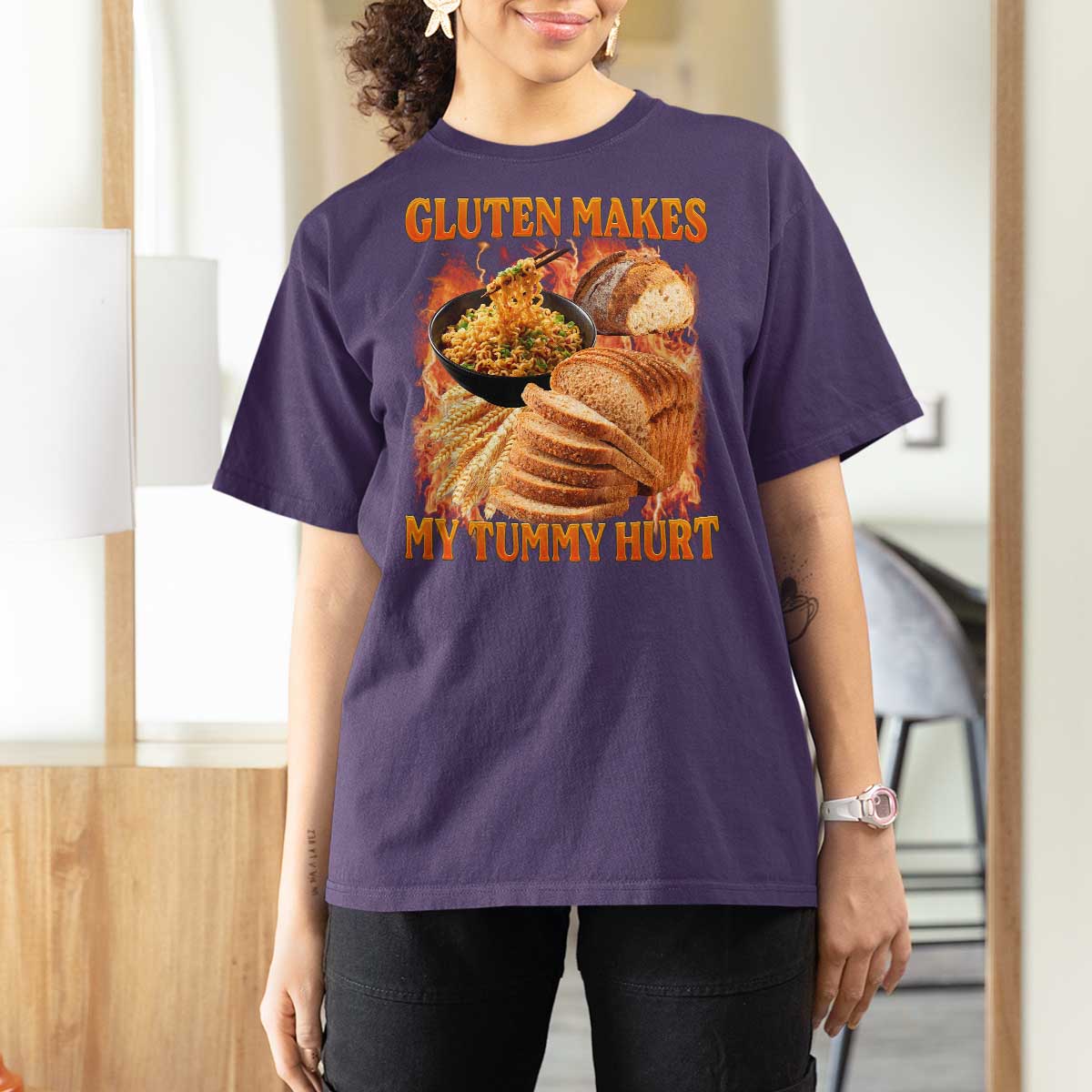 Funny Gluten Free T Shirt For Women Gluten Makes My Tummy Hurt Vintage Bootleg Graphic
